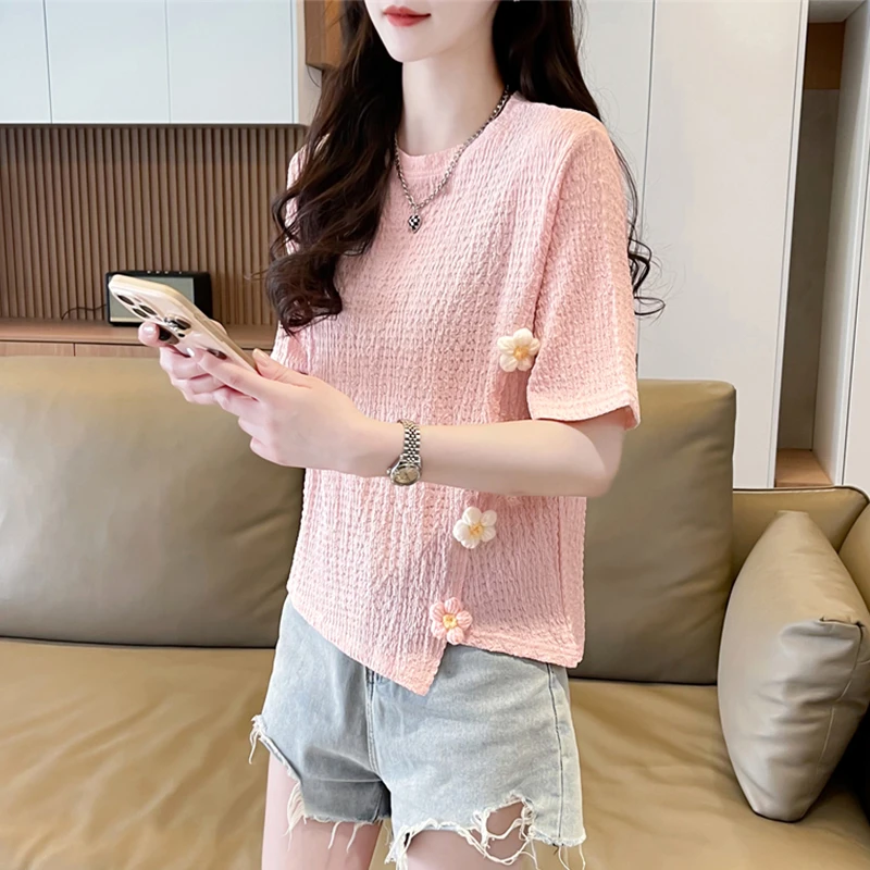 不规则立体装饰短袖t恤女2024新款夏季韩版宽松设计感洋气上衣服