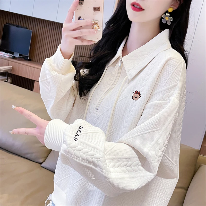 早秋polo领提花卫衣女2024新款春秋韩版宽松薄款奶fufu的上衣外套