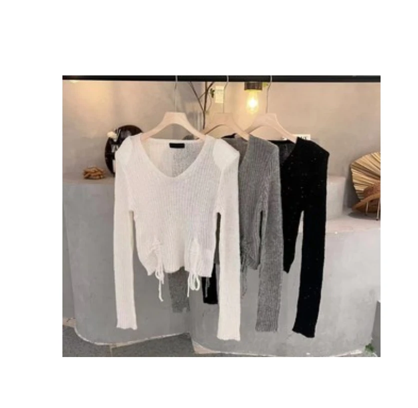 【月光舒曼】宽松慵懒薄款镂空打底内搭V领白色上衣 99462