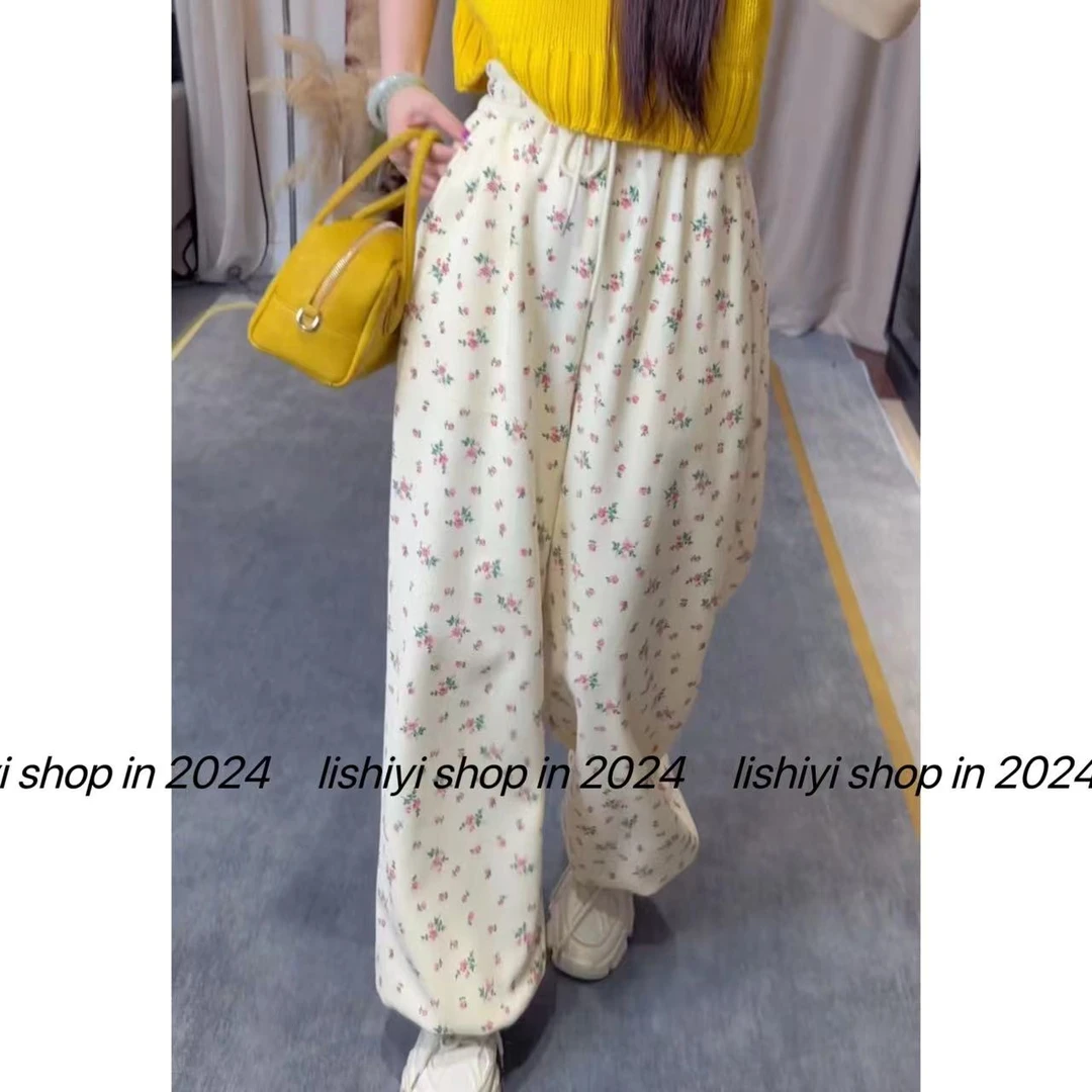 A 2305【花朵卫裤】复古碎花抽绳高腰束脚阔腿休闲裤★A2305