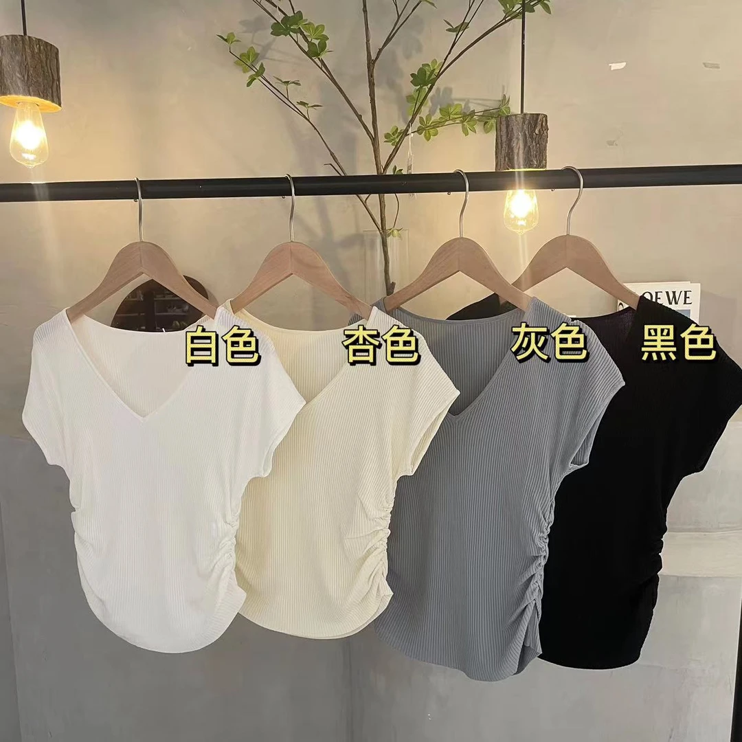 【温柔简约】V领褶皱纯色针织薄款短袖上衣   165X         ★