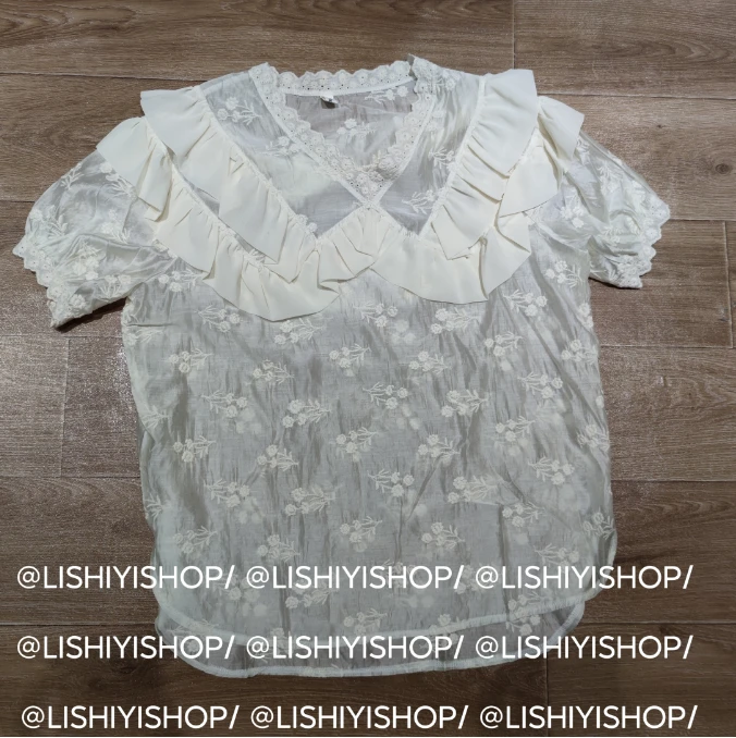 【奶油欧包】宽松提花v领小花刺绣拼接花边套头上衣★ 6065