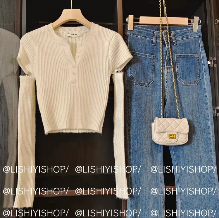 【复古辣妹】百搭V领短款针织衫（带袖套） LY68168