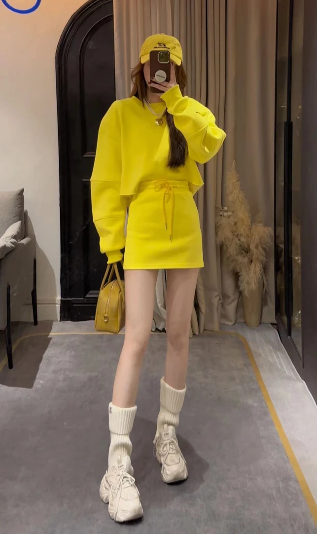 【毛边】净色套头卫衣+半身裙套装  6755