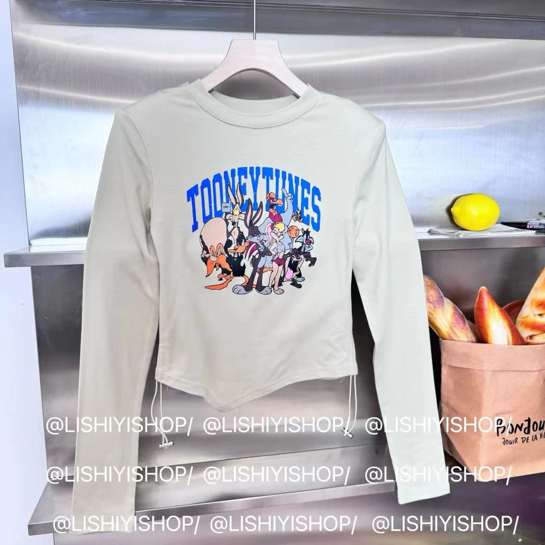 【卡通印花】新款修身弹力短款抽绳T桖长袖上衣  带垫肩★LY6385