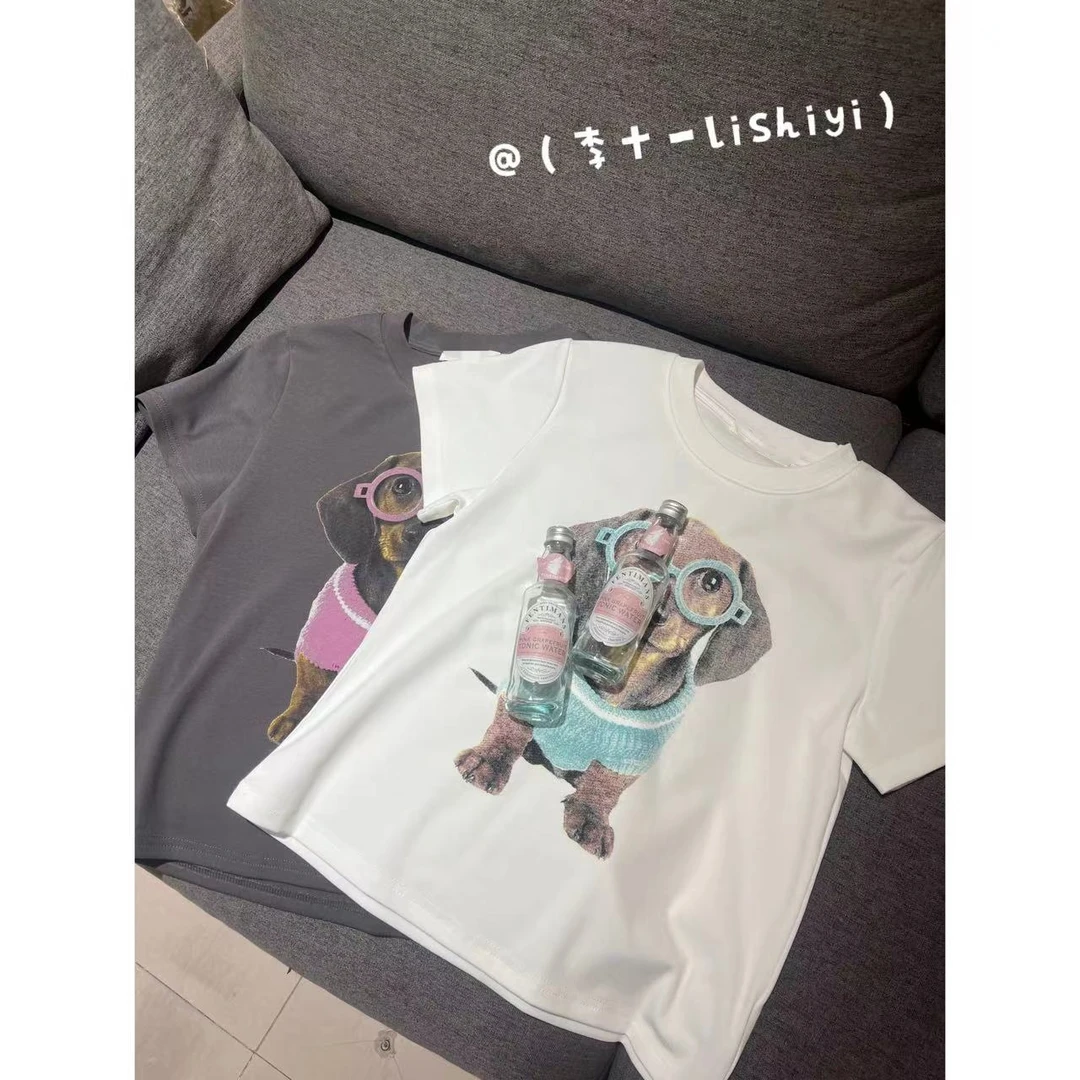 【眼镜小狗】可爱小狗印花常规款T恤上衣★9191