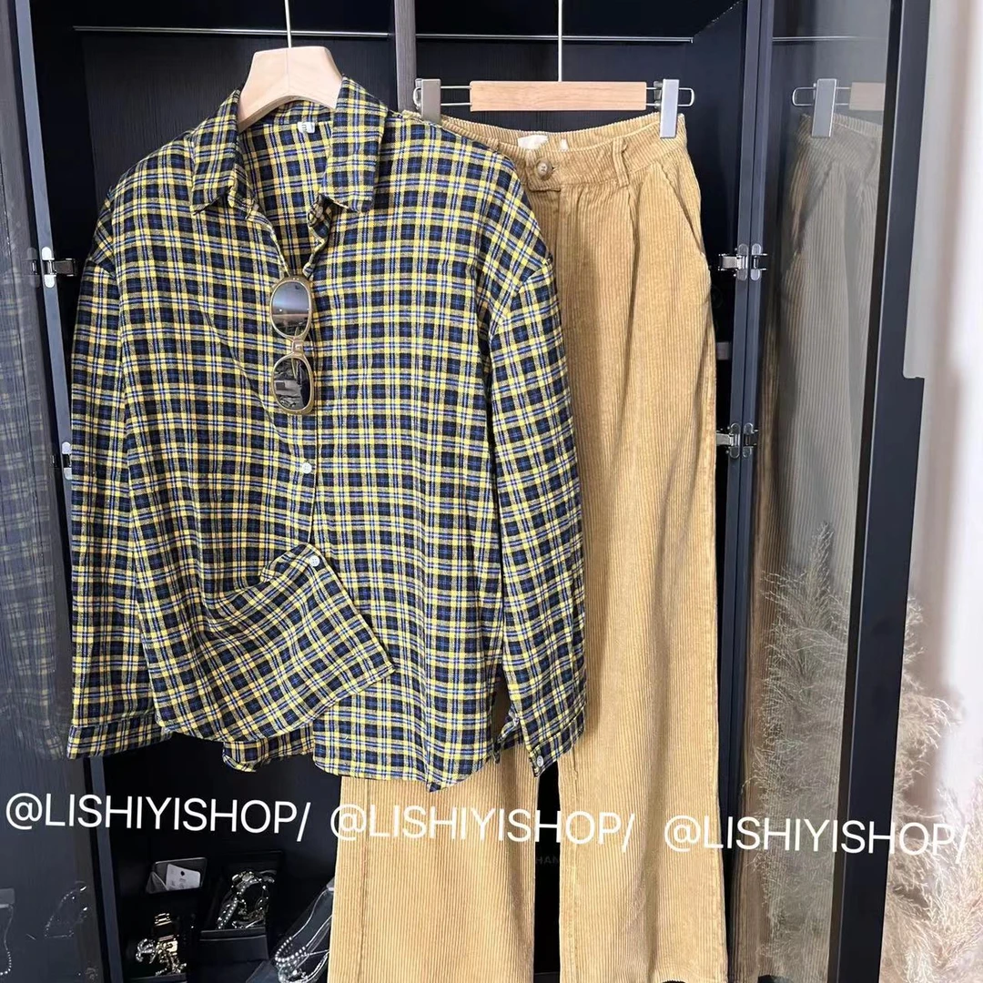 81810【复古格纹】休闲宽松翻领排扣格子衬衫 有垫肩★