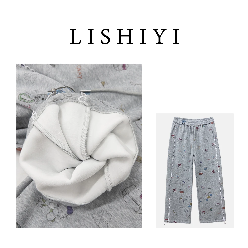 【美式涂鸦】抽绳松紧腰卡通蕾丝花边束脚加绒卫裤运动裤860