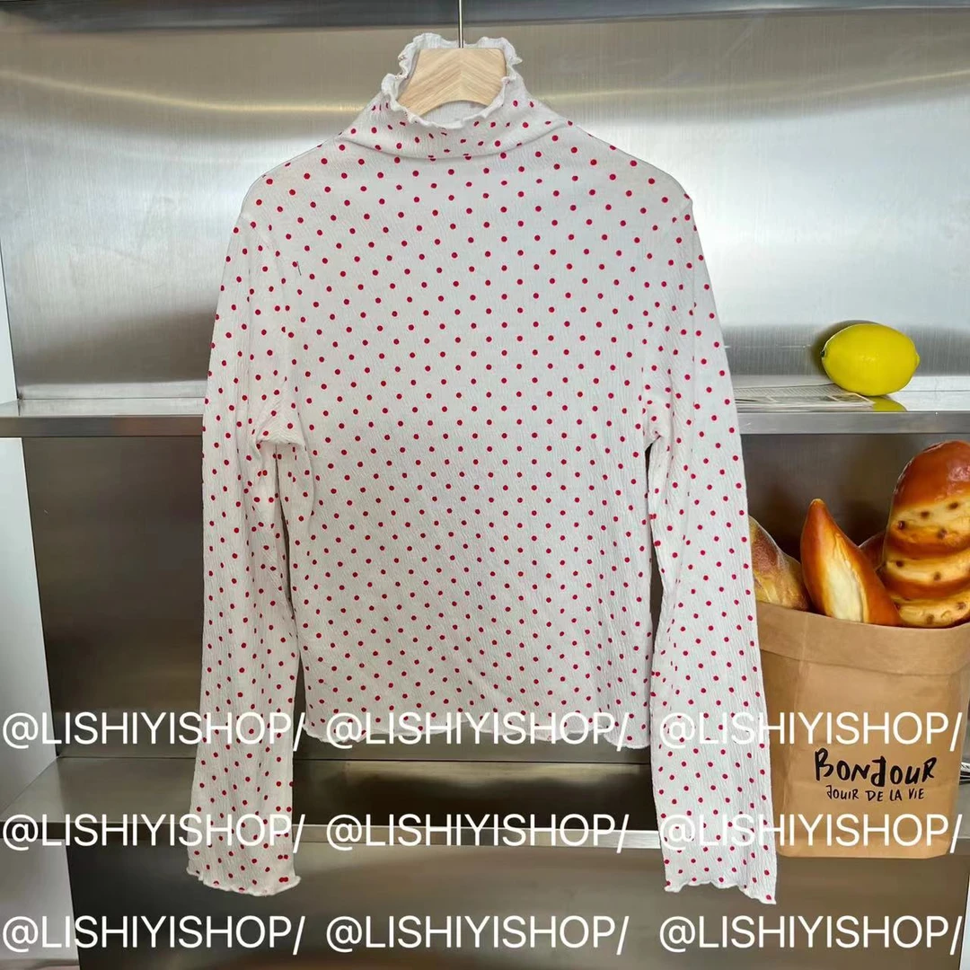 4995【波波点】韩系木耳边长袖波点打底上衣★