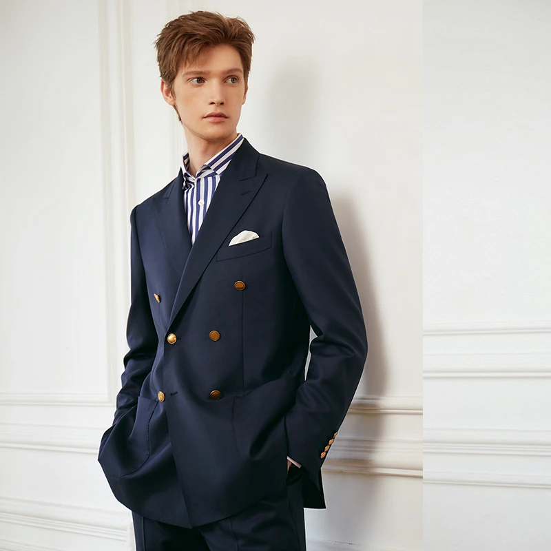 进口面料布雷泽藏青色羊毛西服套装男士商务西装休闲双排扣男外套