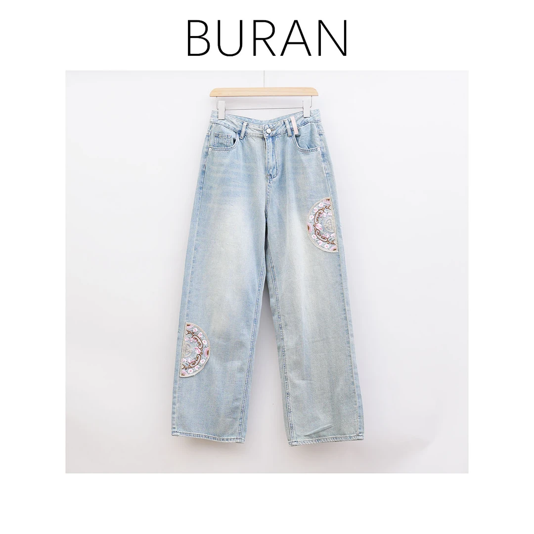 BRCP/布然初品S2340牛仔裤时尚复古刺绣新中式显瘦气质休闲拖地裤