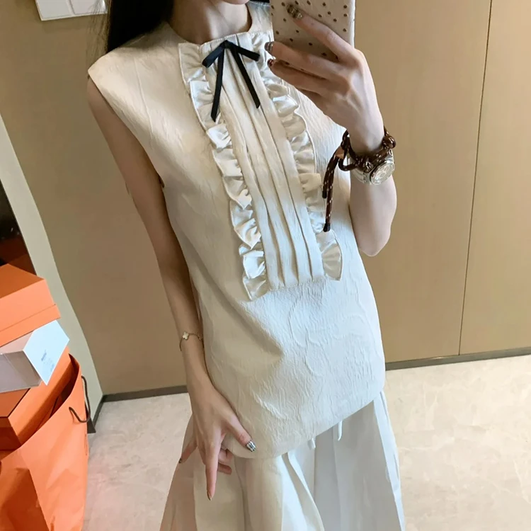 shushu网红宅女同款新中式蝴蝶结无袖衬衫上衣女蕾丝边半身裙tong