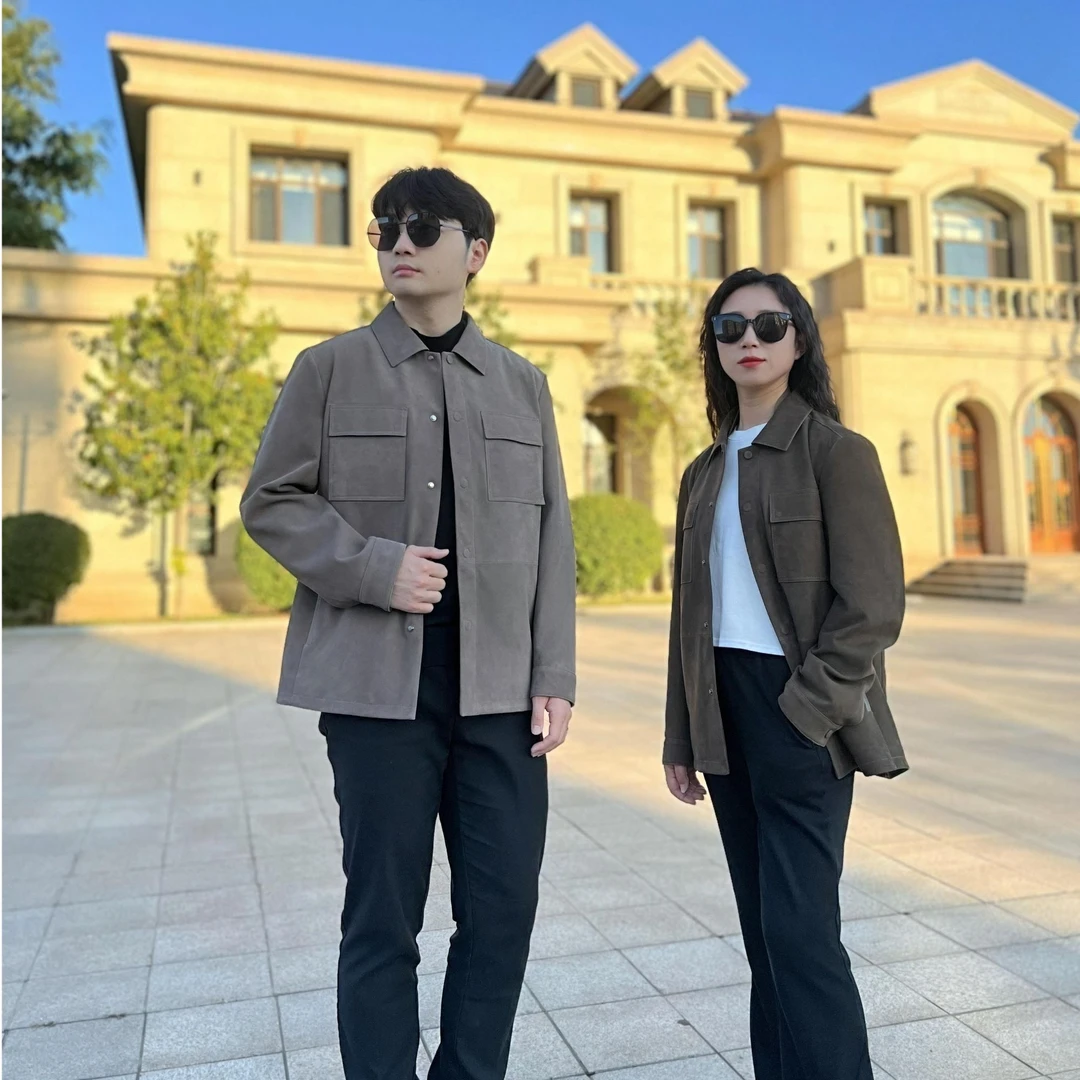 新款衬衫风进口绵羊皮正绒工艺真皮男士外套薄款翻领皮衣