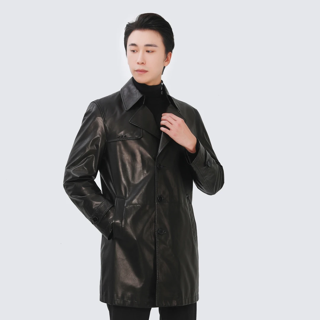 秋季新款真皮皮大衣男士长款韩版修身翻领山羊皮商务时尚外套防风