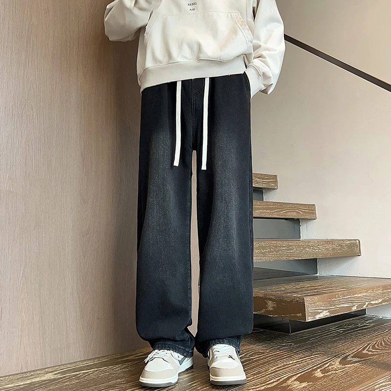 2362冬季新款加厚美式高街牛仔裤男年轻朝气宽松直筒松紧裤腰