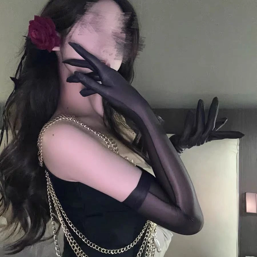 蕾丝边超滑紫色油亮手丝高密黑色百搭极光分指手套性感黑丝cos女