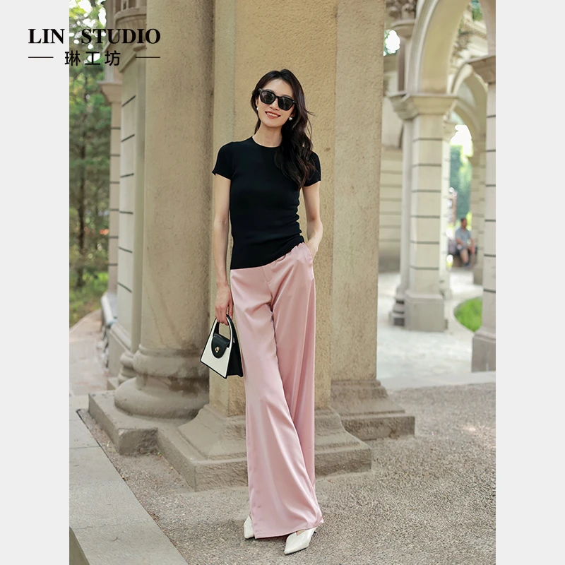 琳工坊绡落粉色阔腿裤气质休闲职场宽松干练率性春夏款唐琳设计