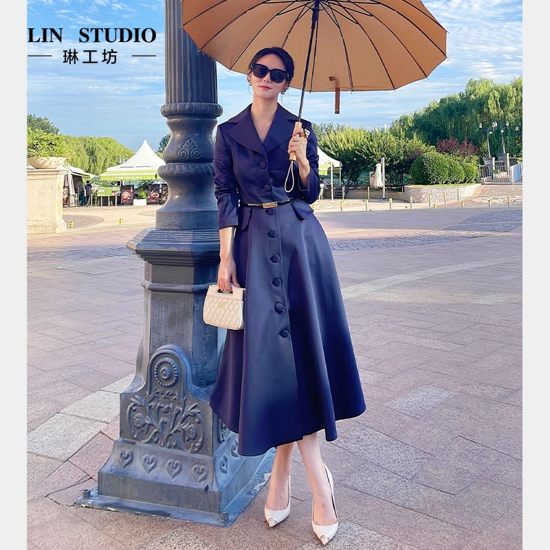 琳工坊凝眸藏蓝风衣连衣裙新款法式优雅通勤老钱风女士唐琳设计师