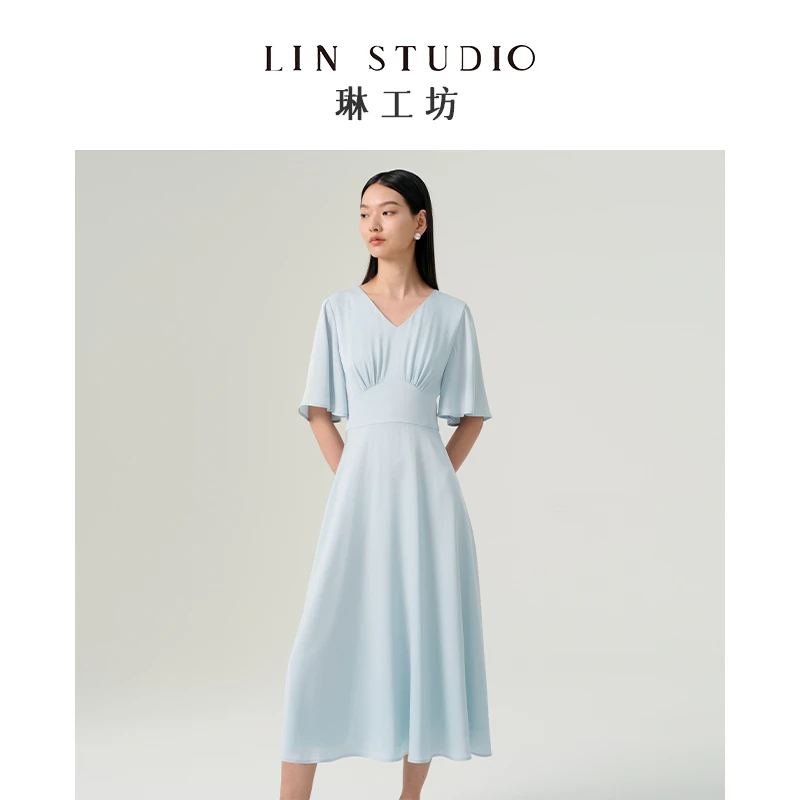【醋酸】琳工坊染眉蓝色连衣裙时尚新款夏唐琳设计师