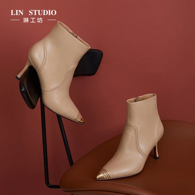 【微瑕疵7折 不退换】琳工坊频回香槟色短靴时尚唐琳设计师