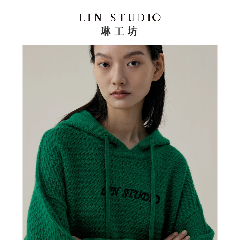 【山羊绒+绵羊毛】华年绿色刺绣针织连帽衫百搭毛衣老钱唐琳设计师