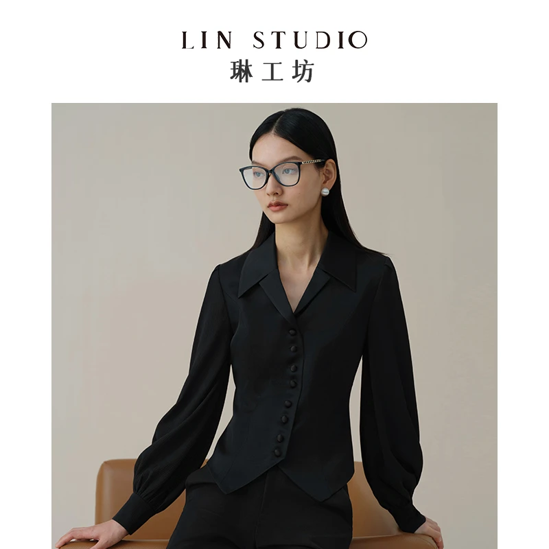 【醋酸】琳工坊云湄黑色衬衫式外套优雅气质时尚通勤新款唐琳设计师