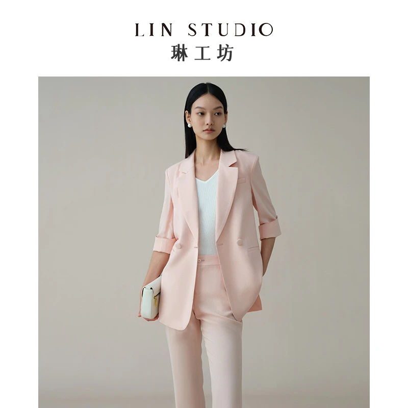 【醋酸】琳工坊脂墨淡粉色西服外套时尚职业干练休闲优雅唐琳设计
