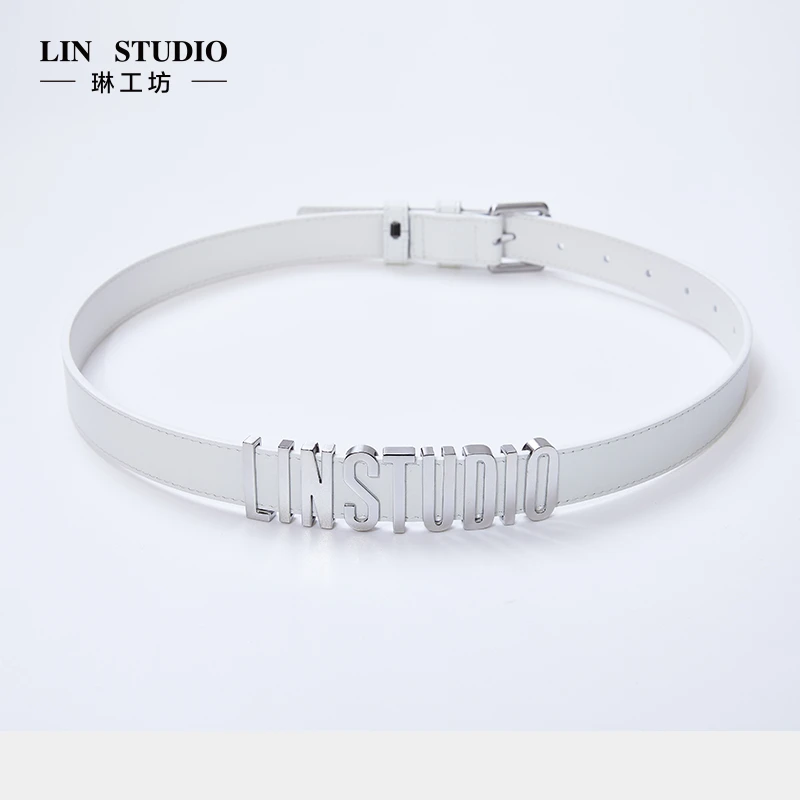 琳工坊白色logo真皮针扣经典成人腰带时尚简约轻奢字母唐琳设计师