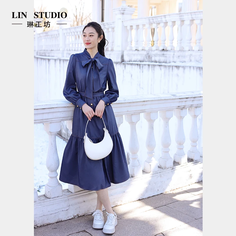 【莱赛尔】琳工坊抚清牛仔蓝色连衣裙休闲气质通勤早春新款唐琳设计