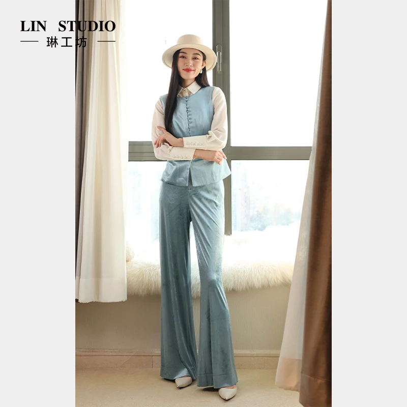 【醋酸 裤子】琳工坊晴空蓝色中式裤子直筒裤显瘦老钱风唐琳设计