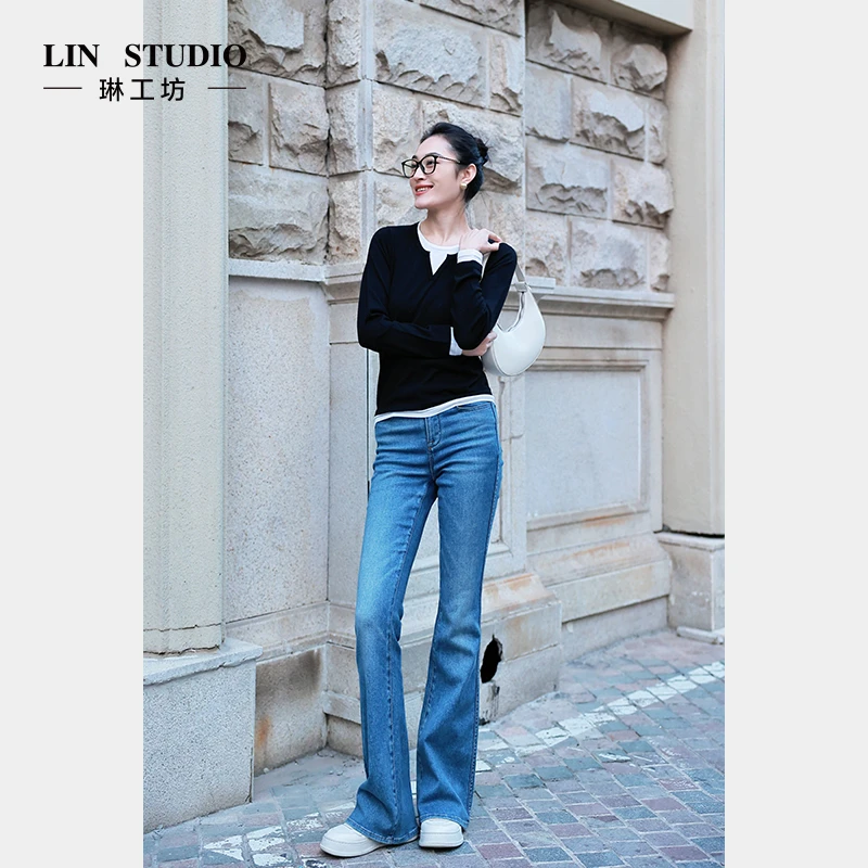 【绵羊毛+桑蚕丝】琳工坊雨鸣黑白拼接针织衫气质时尚唐琳设计师