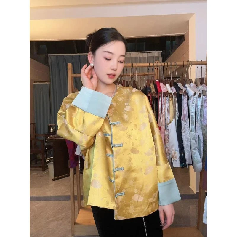 CHUNTIAN/李李国风【吾意浓】新中式拼色五粒扣暗纹提花女外套