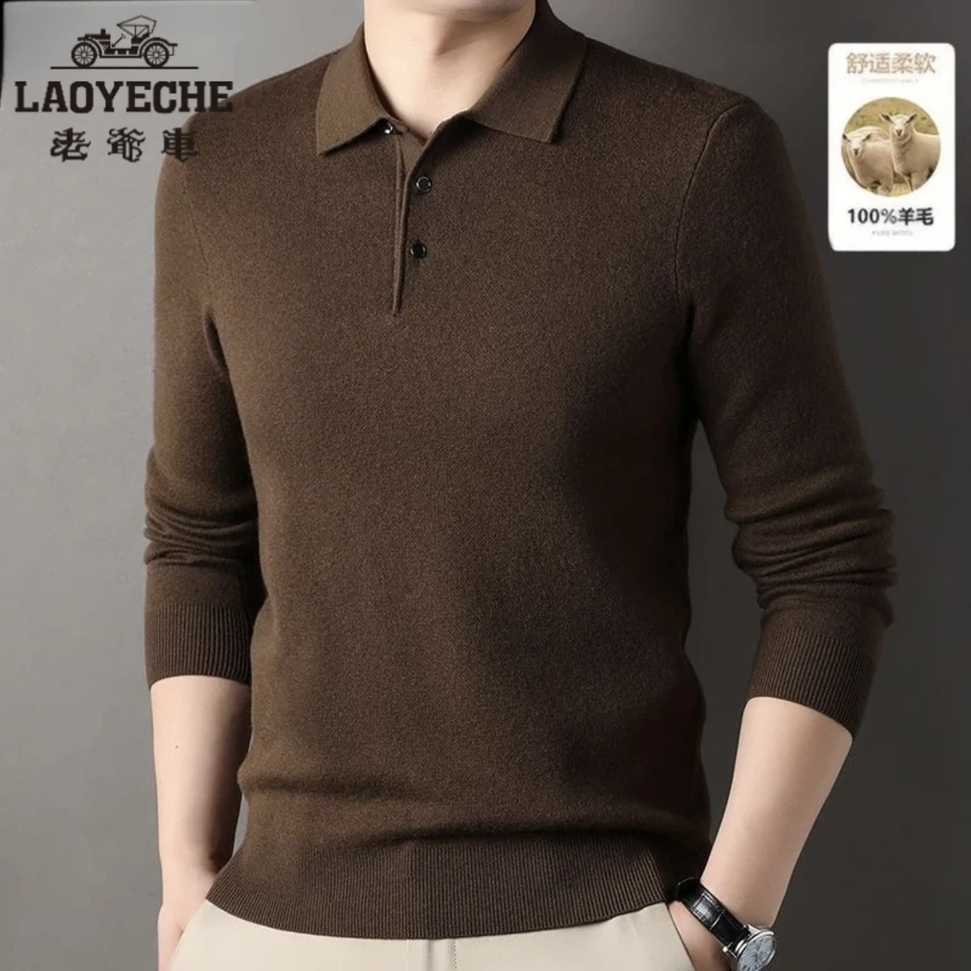老爷车【加厚500克100%全羊毛】秋冬季羊毛衫中年男士翻领针织毛衣
