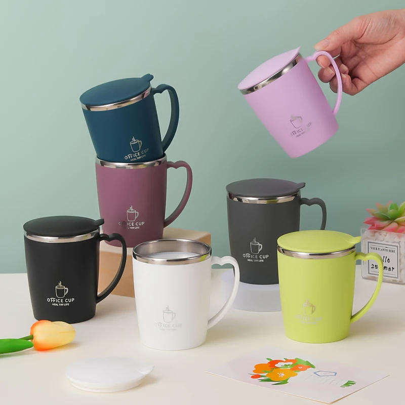 不锈钢学生水杯男女生宿舍防摔牛奶杯上学随手杯家用带盖勺喝水杯