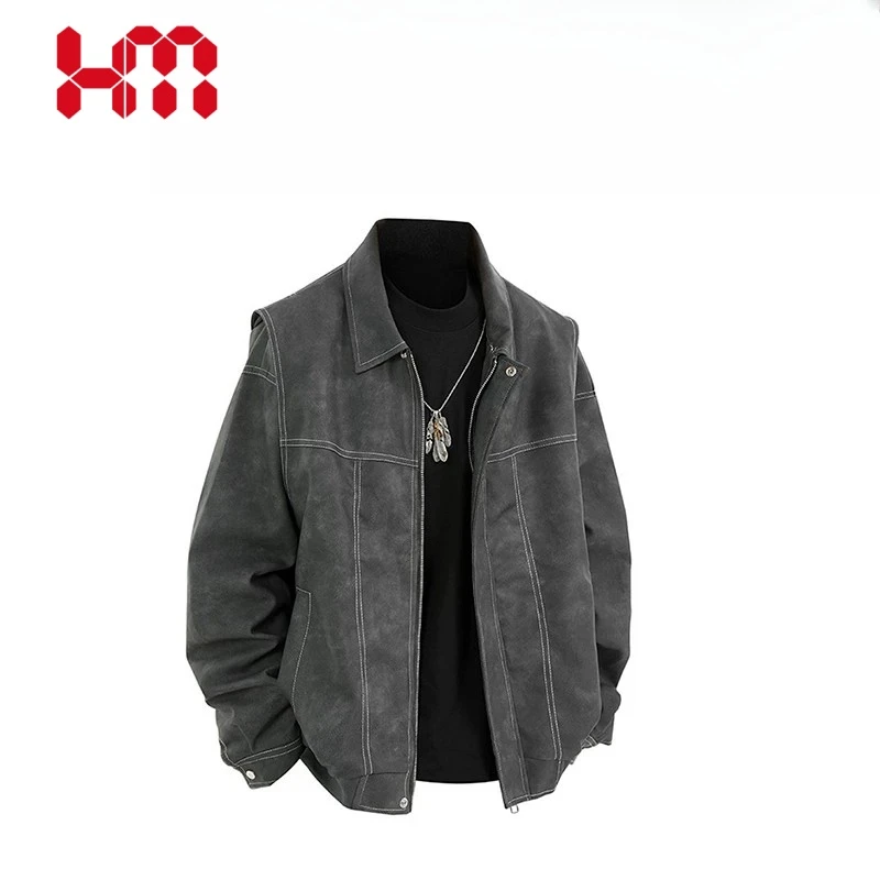 HM2024秋季男皮衣新款时尚休闲夹克外套潮流港风翻领宽松皮茄克