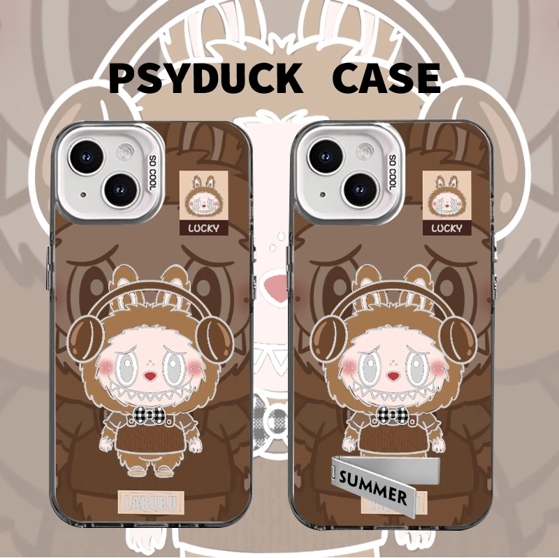 适用苹果15iPhone16华为棕色labubu听音乐镂空彩银动漫防摔手机壳