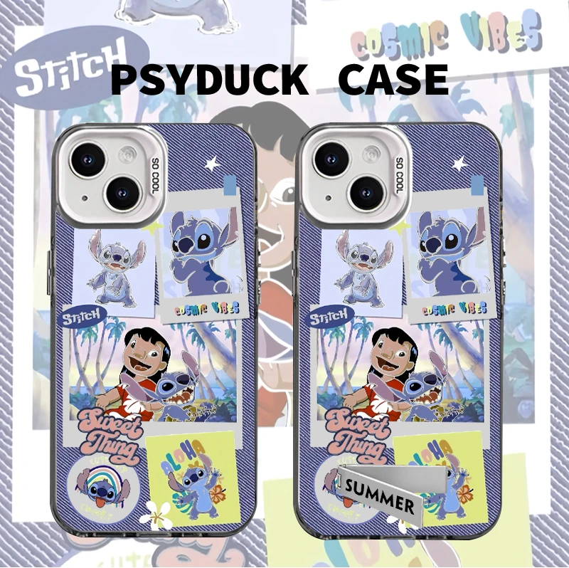 适用苹果iPhone16华为一加牛仔底史迪仔彩银白底动漫防摔手机壳