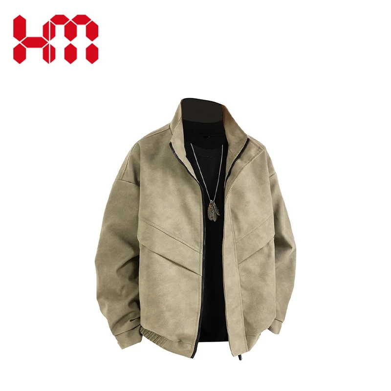 HM美式复古春秋款翻领皮衣外套男美拉德高级感夹克外套港风皮衣男