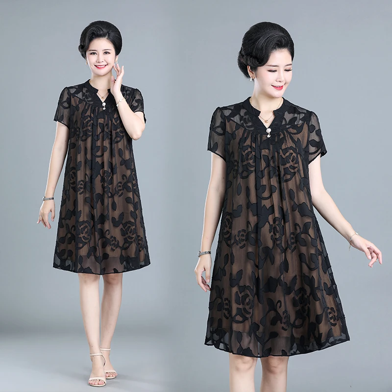 【妈妈最爱】夏天蕾丝裙子双层带内衬中老年妈妈透气清爽高档洋气美