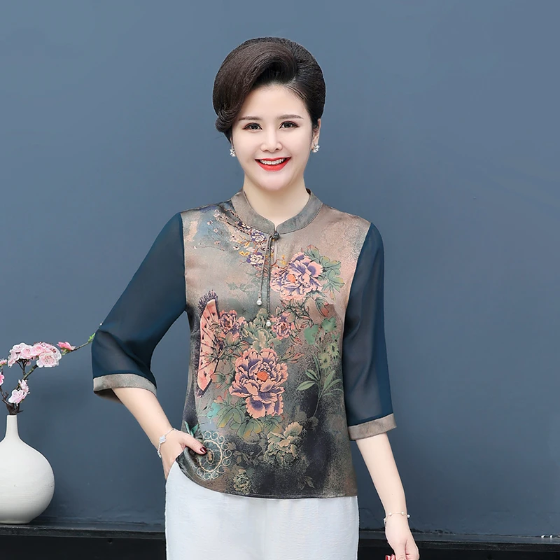 新款夏季中老年妈妈装大码洋气时尚中国风印花宽松缎面气质美小衫