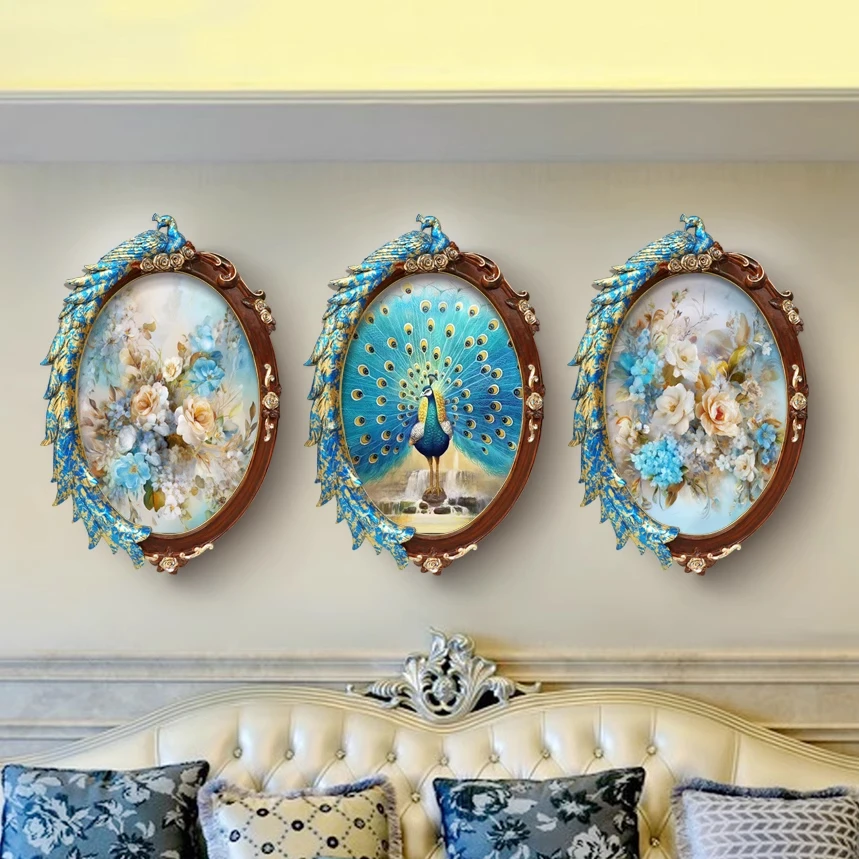 原创欧式装饰画花卉油画客厅三联挂画餐厅入户玄关壁画孔雀画