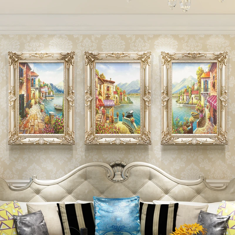 欧式客厅油画沙发背景墙挂画三联组合壁画大气画风景地中海立体画