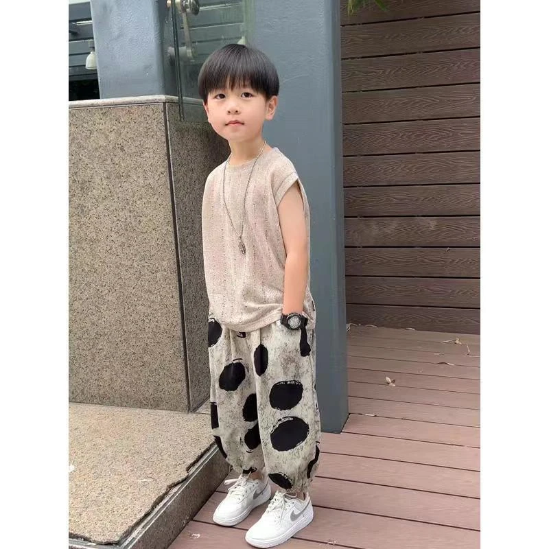 【2024新款】男童装夏季洋气薄款套装中童韩版休闲背心九分裤两件