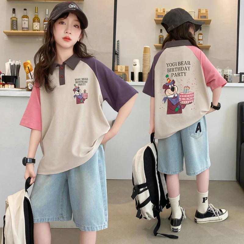 【2024新款】女童短袖套装洋气网红女孩polo衫中大童牛仔中裤两件