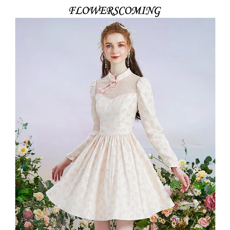 花儿开了新中式盘扣提花连衣裙女短款公主裙FMQL321