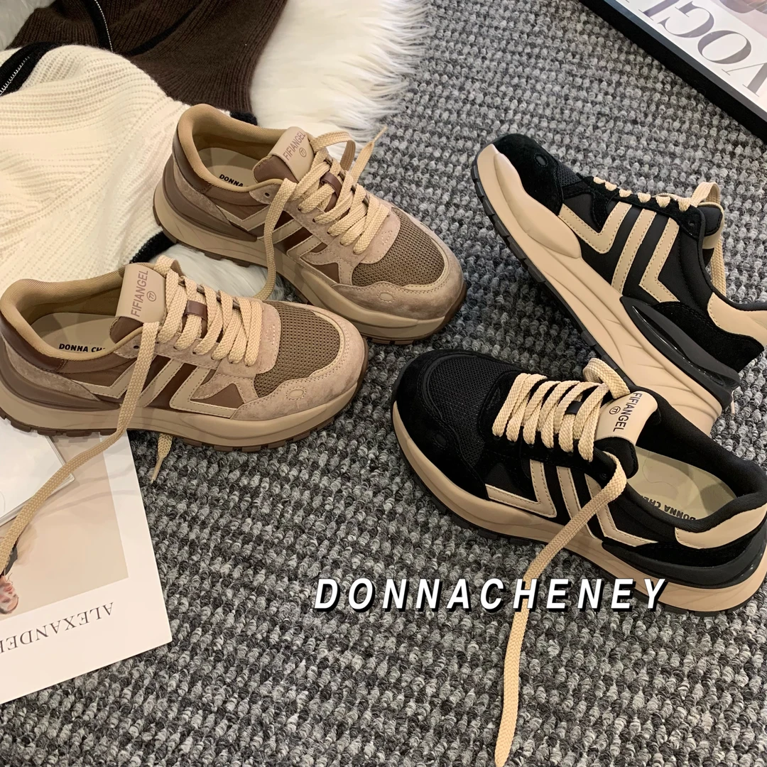 DONNA CHENEY秋冬真皮百搭休闲老爹时尚潮鞋系带厚底运动阿甘鞋