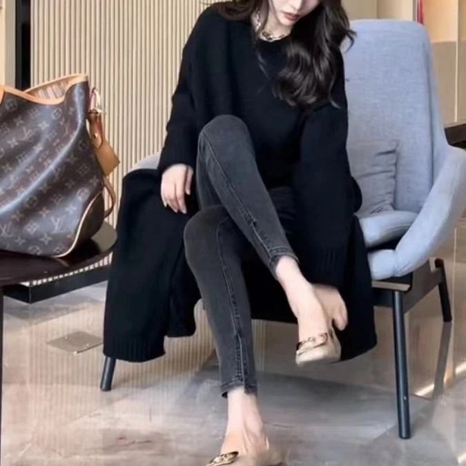 过膝长款毛衣女2023秋冬宽松慵懒套头不规则侧开叉针织毛衣裙子