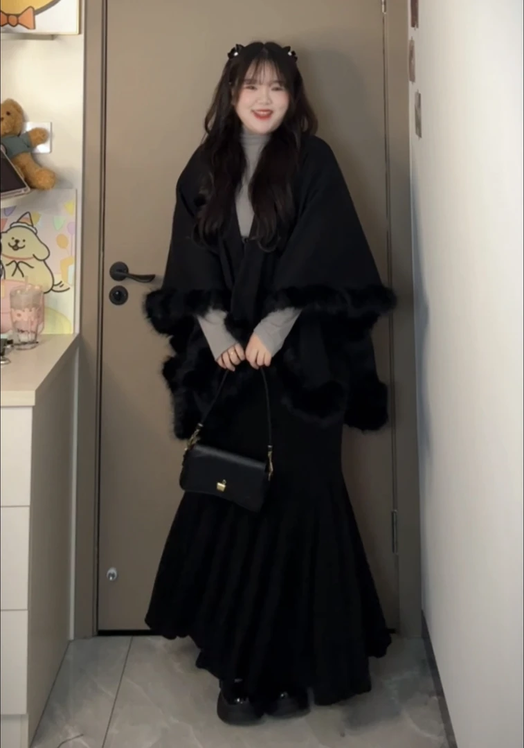 秋冬毛毛针织高级披肩显瘦不规则磨毛打底衫减龄鱼尾裙套装