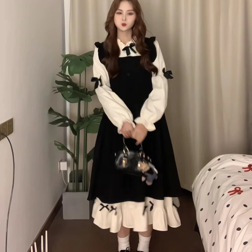 大码女装春秋款微胖温柔系炸街奶乖背带连衣裙遮肉显瘦假两件裙子