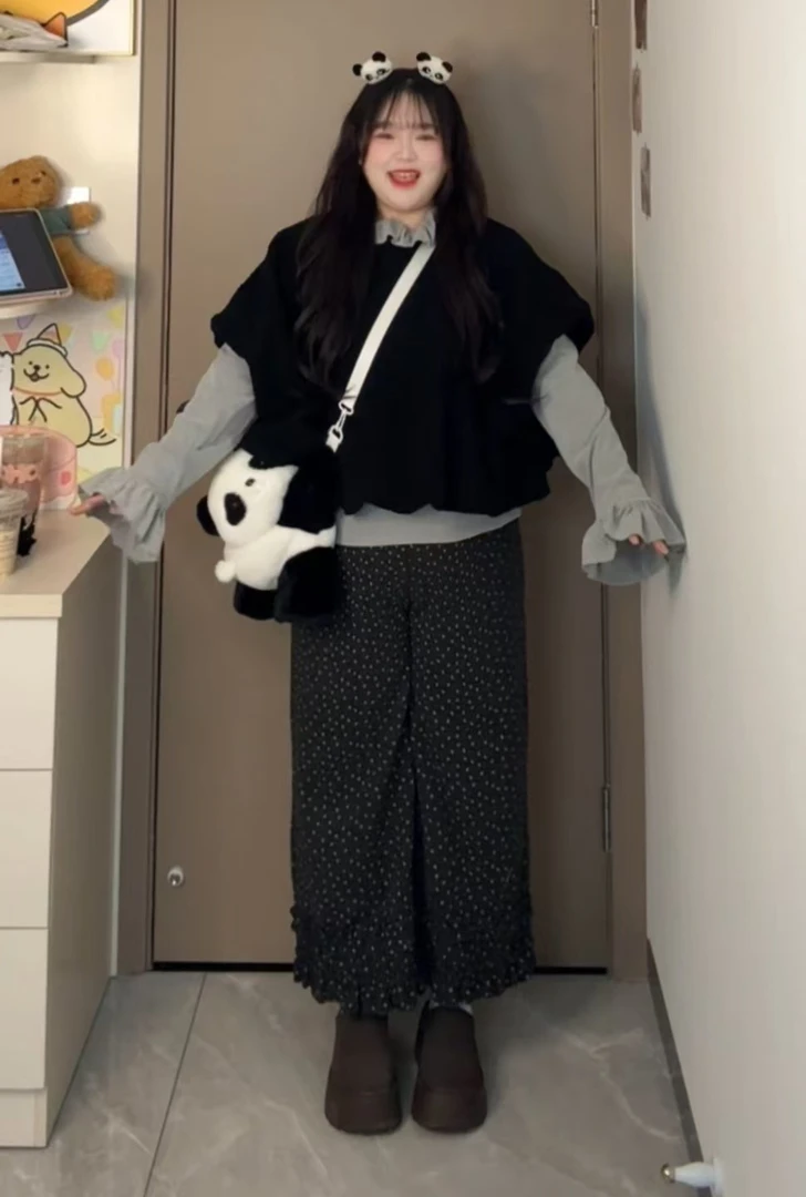 大码韩国女装秋季新款胖mm高级感气质荷叶边内搭打底衫叠穿两件套